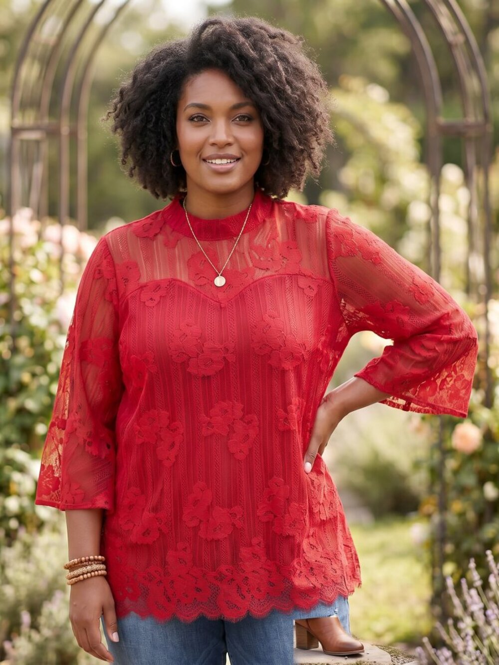 Shannon Ford Lace Top 2X Red Boho Chic Bell Sleeve High Neck Romantic Whimsigoth